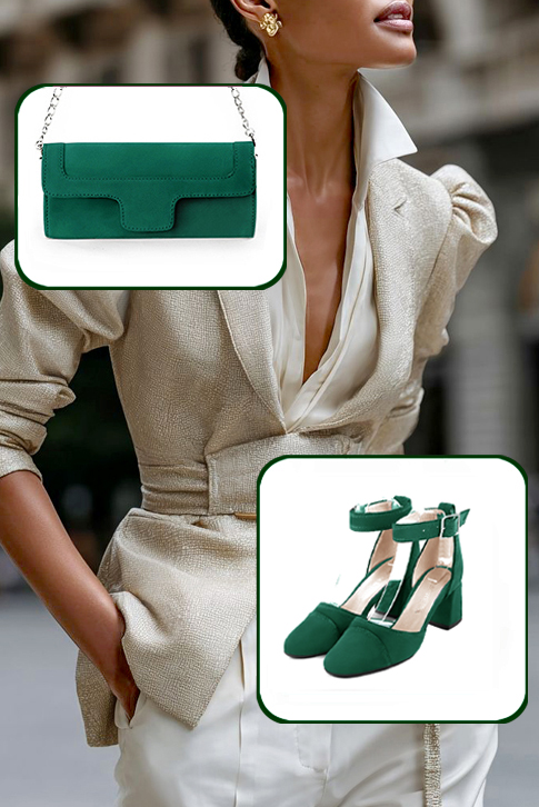 Dress heels closed-back ankle strap in emerald green leather with medium flare heels and round toe - Worn view